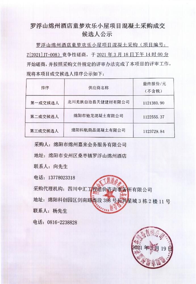 羅浮山綿州酒店童夢歡樂小屋項目混凝土采購成交候選人(rén)公示